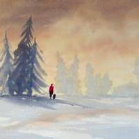 Art greetings card of dog walking in the snow