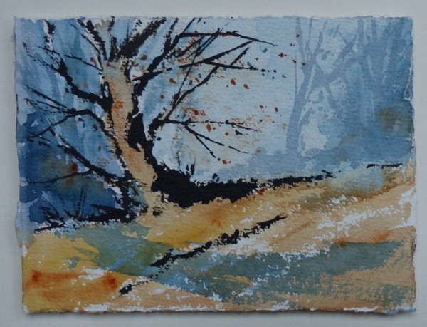Painting of windswept autumn tree