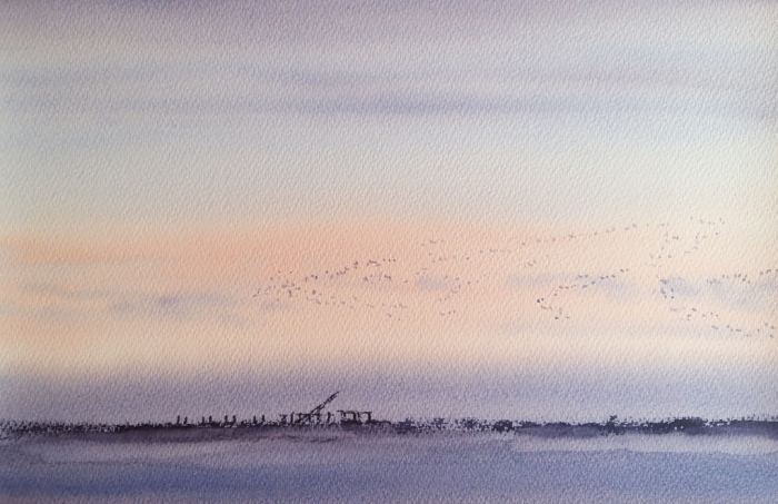 Painting of geese flying over the beach at sunset