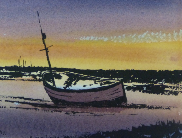 Painting of beached boat at sunset