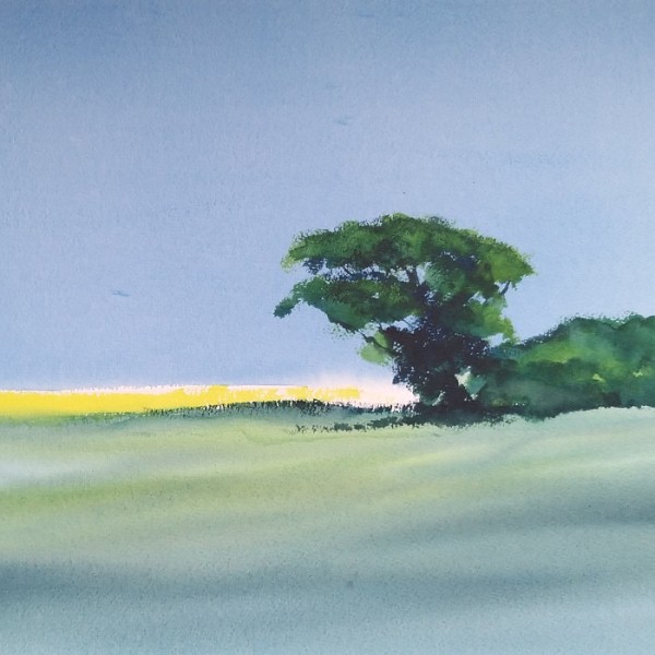 Painting of a tree in a spring field