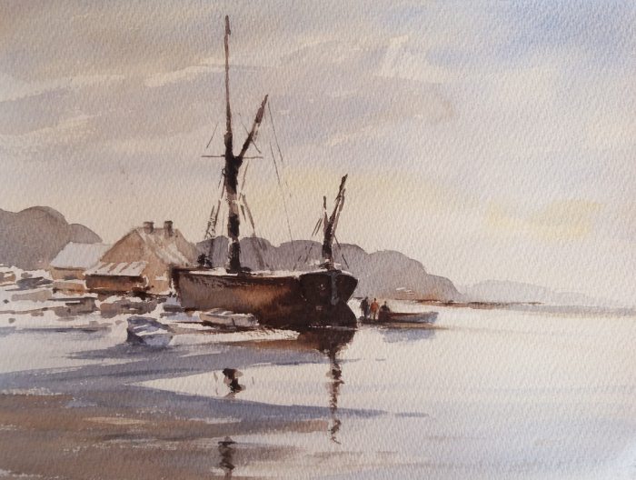 Painting of barge on the river