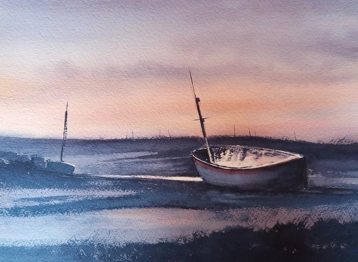 Painting of boat at sunset