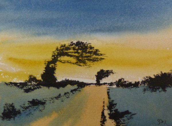 Painting of tree at sunset