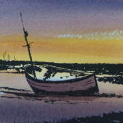 watercolour and ink painting of boat at sunset